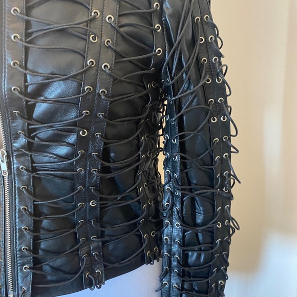 Black leather Biker Jacket with eyelets size Xtra small to small, badass! - Picture 3 of 15